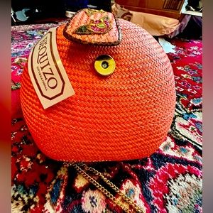 Peach /orange basket weave bag with chain to use as multi use as cross bag ….